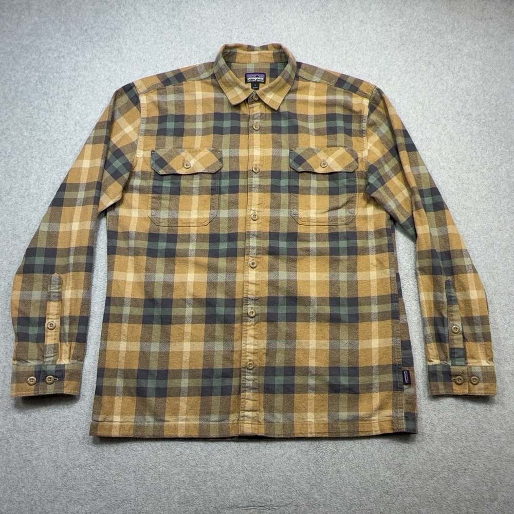 Patagonia Midweight Fjord Flannel Shirt Men L Brown Plaid Long Sleeve Organic